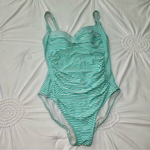 Bond-Eye Australia Green White Stripe Ruch Mid Section One Piece Swimsuit 6D/DD